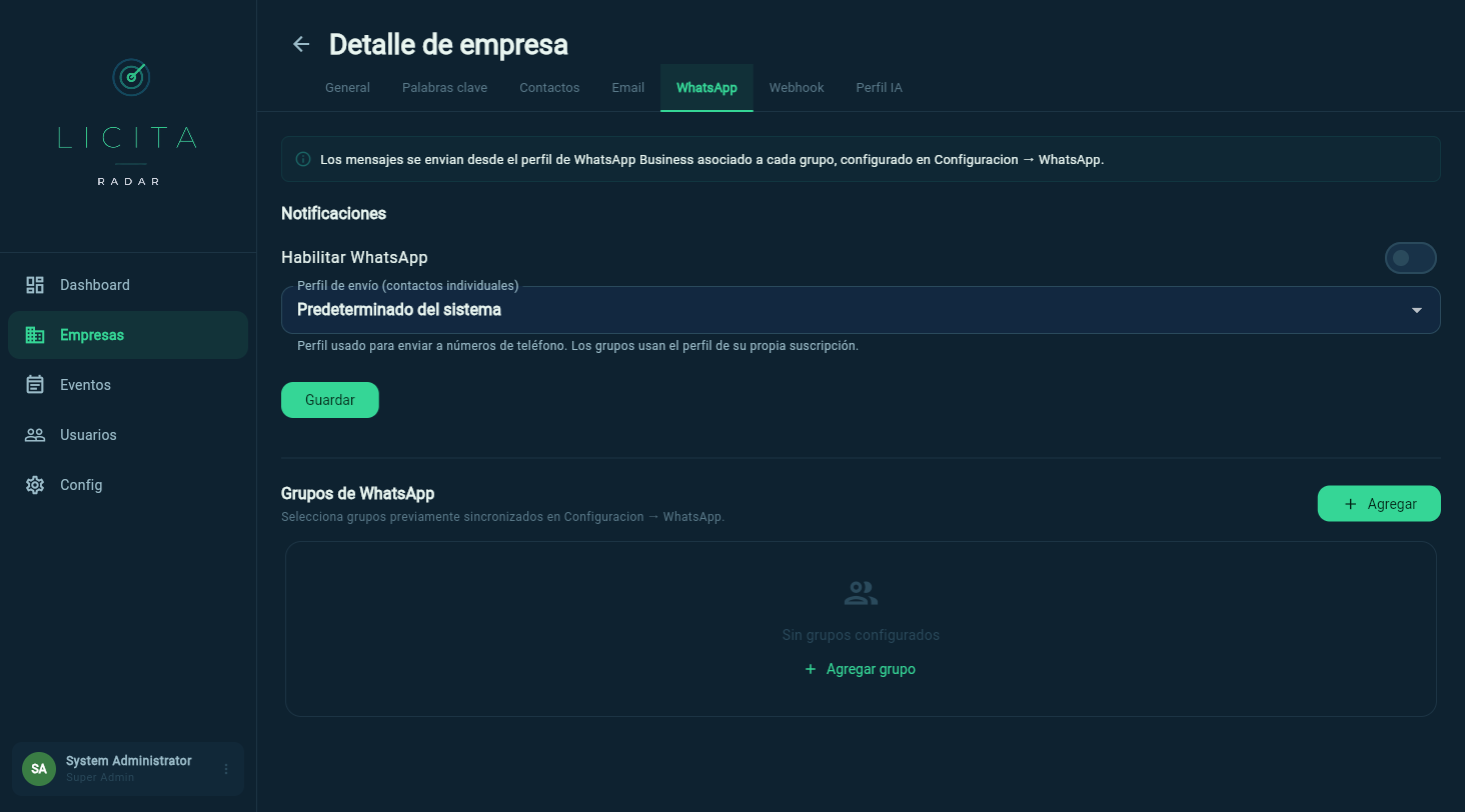 Pestaña WhatsApp de una empresa