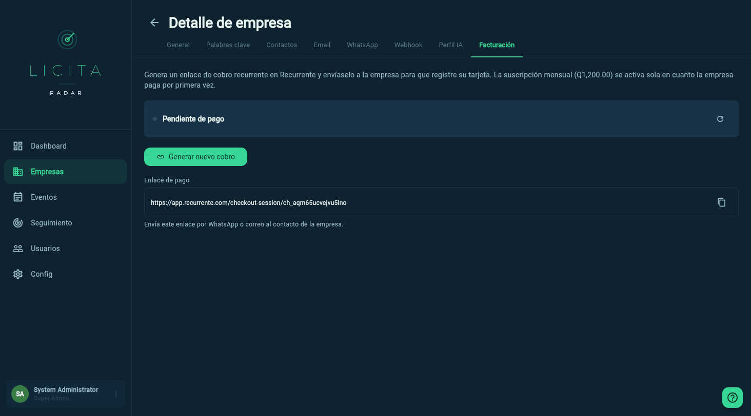 Pestaña Facturación: cobro generado, con el enlace de pago